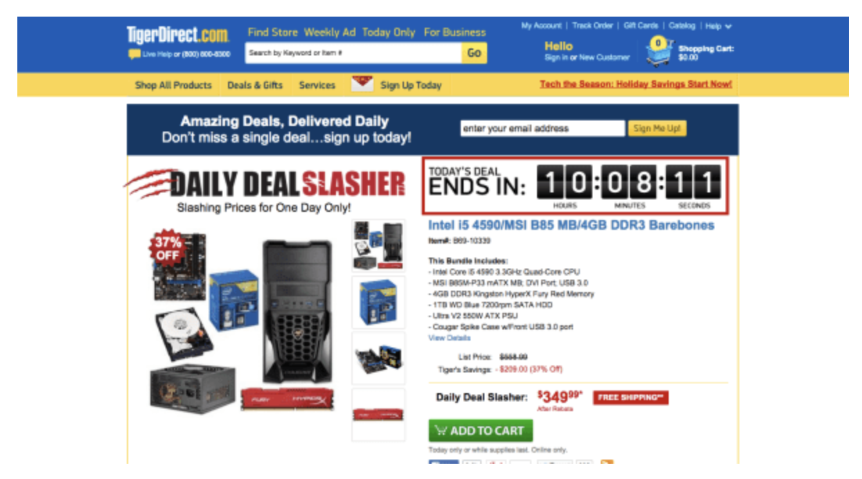 A screenshot from TigerDirect.com shows a countdown to when that dayâ€™s deal ends. Example of scarcity messaging.