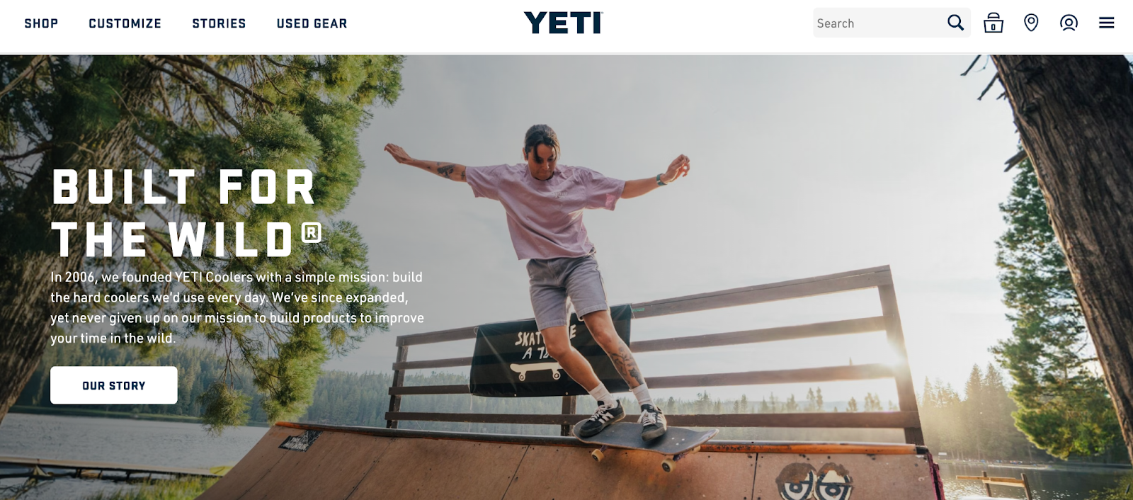 Woman on skateboard, outdoors. To the left, the Yeti tagline is prominent, 