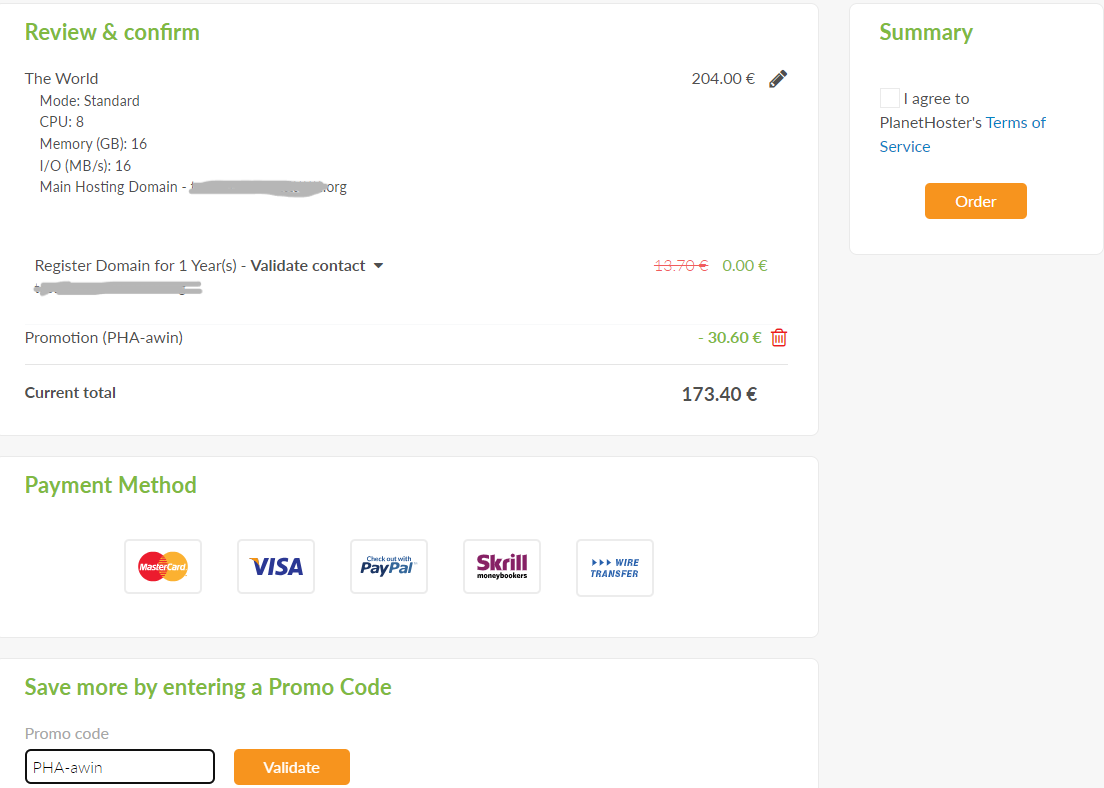 A photo of the page where you can add your PlanetHoster promo code.