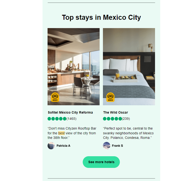 User reviews in the newsletter of TripAdvisor