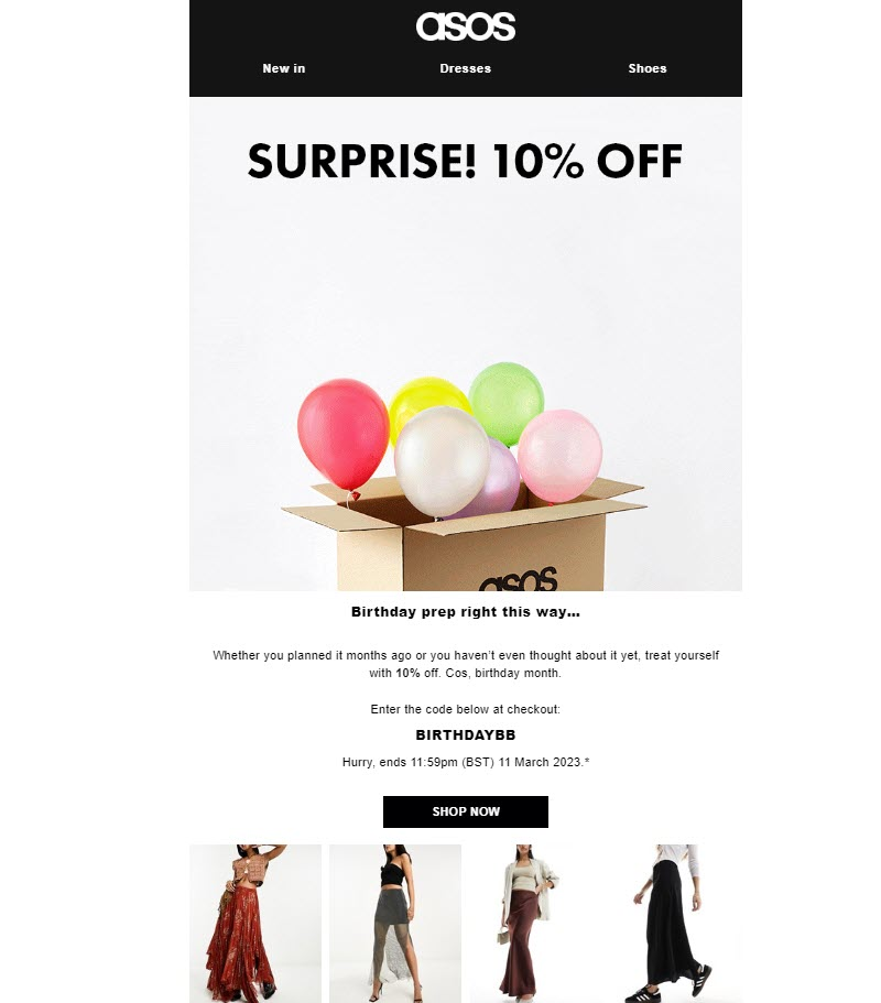 Anniversary greetings with special offers from Asos