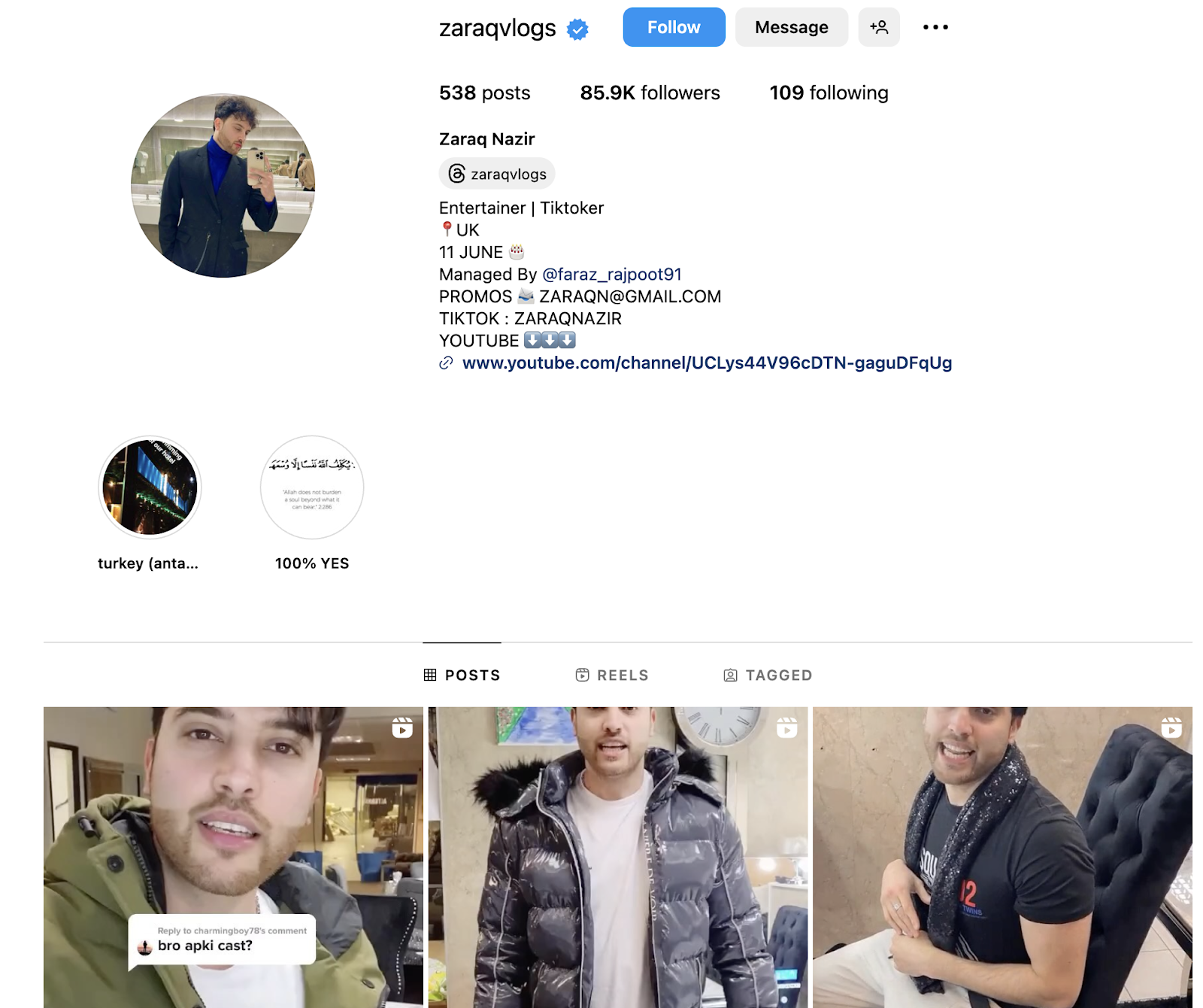 Example of a personal blogger on Instagram: https://www.instagram.com/zaraqvlogs/