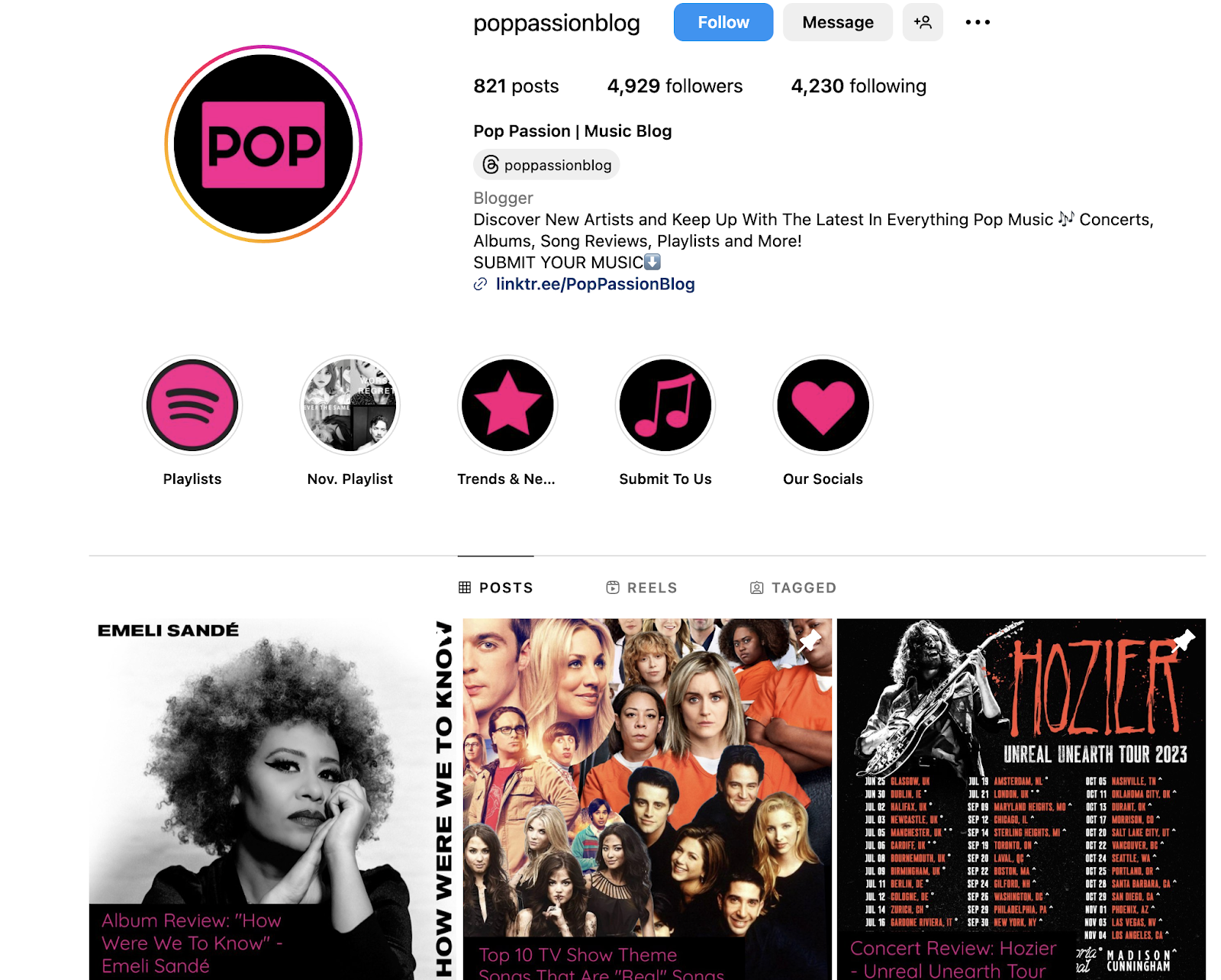 Example of a music blogger on Instagram: https://www.instagram.com/poppassionblog/