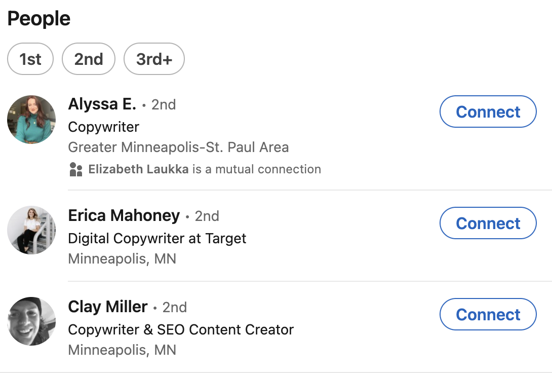 Screenshot from LinkedIn. List of three copywriters.