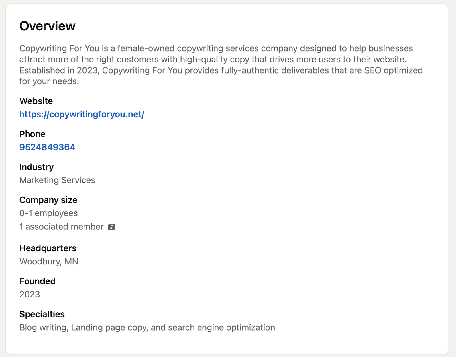 Screenshot showing company overview on LinkedIn.