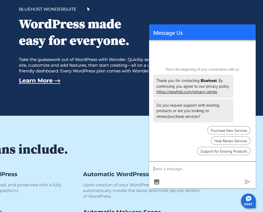 bluehost live chat customer support screenshot