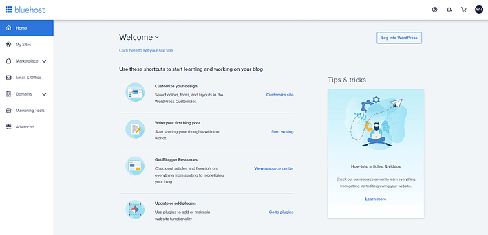 bluehost wordpress dashboard screenshot