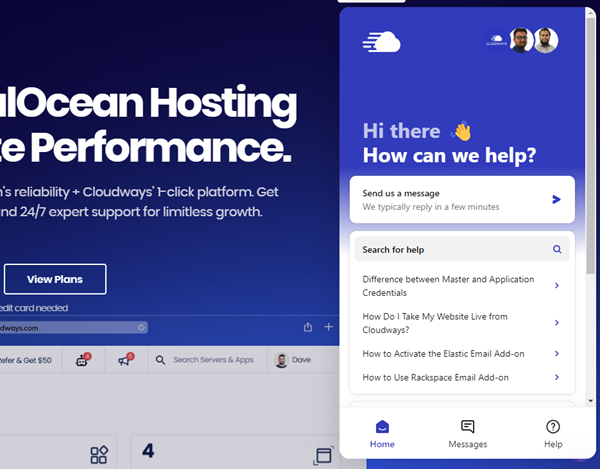 Cloudways live chat option 