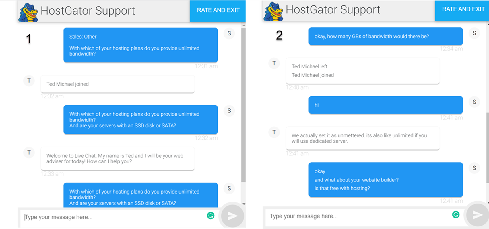 Hostgator support screenshot