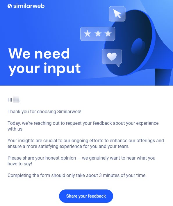 Marketing email requesting feedback - example from Similarweb