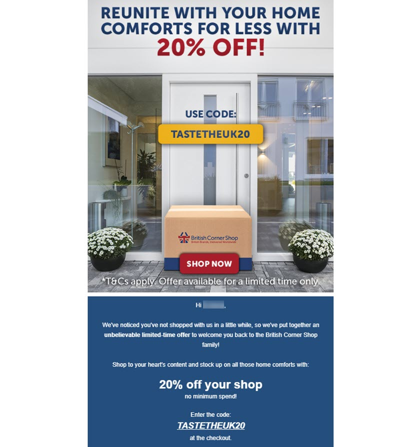 Re-engagement email example with an exclusive offer from British Corner Shop