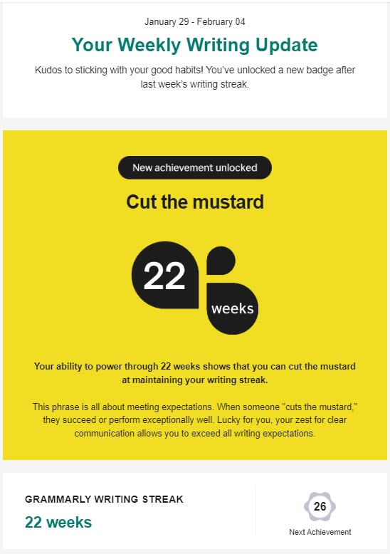 Milestone email example from Grammarly