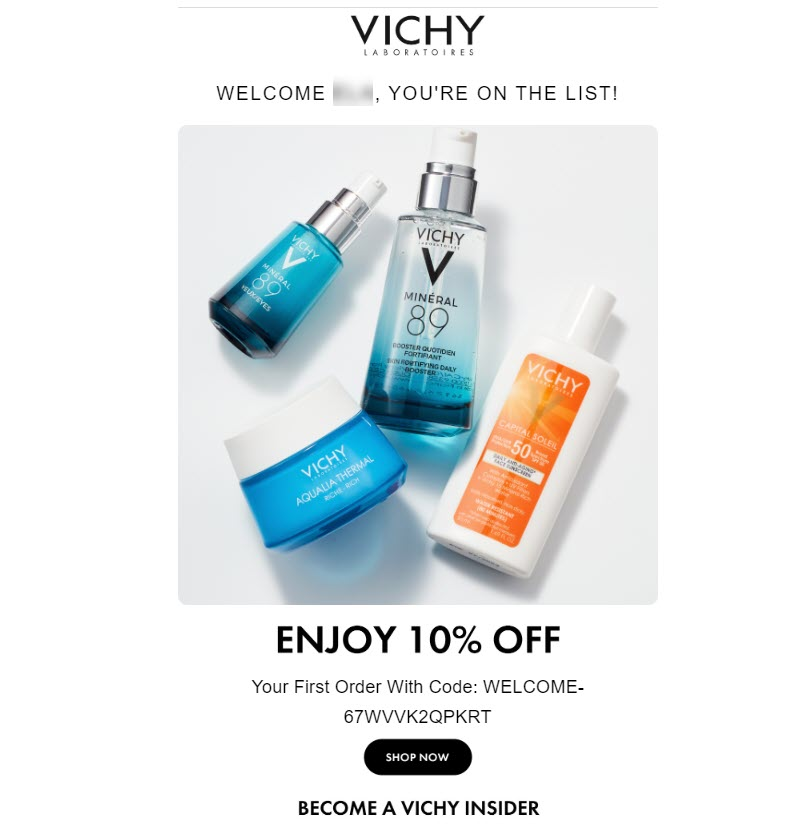 Welcome Email example from Vichy, including exclusive offer