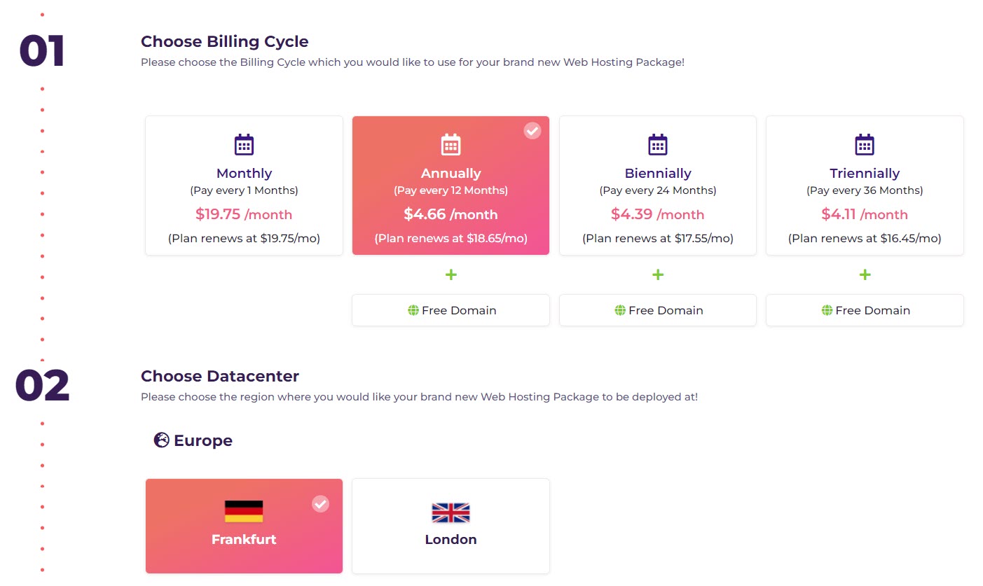 A photo that shows that HostArmada offers four billing cycles: monthly, annually, biennially, and triennially, and data centers in Frankfurt, London, Dallas, Newark, Fremont, and Toronto.