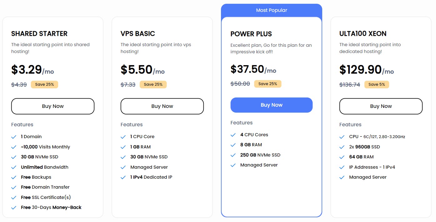 Ultahost plans screenshot