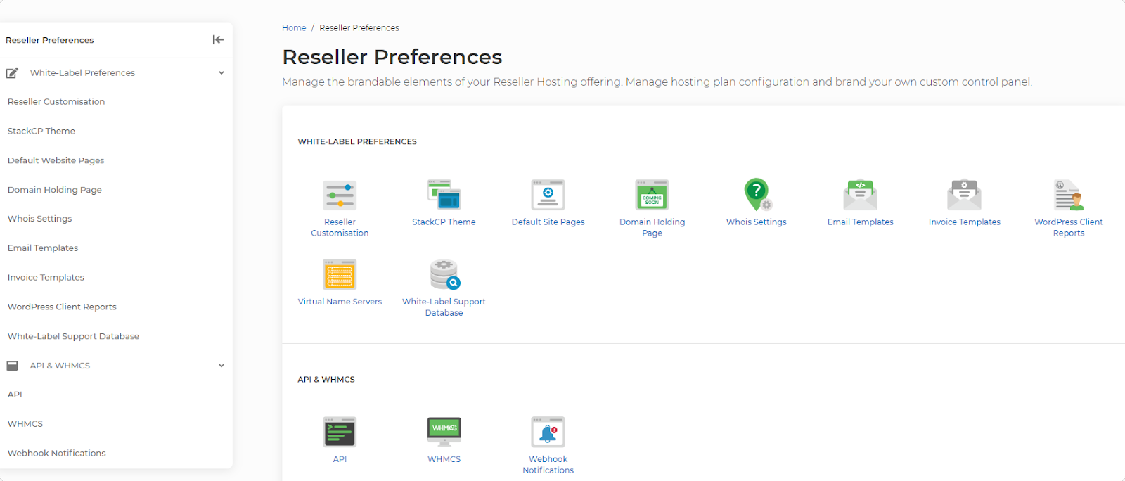 screenshot of Reseller Preferences menu